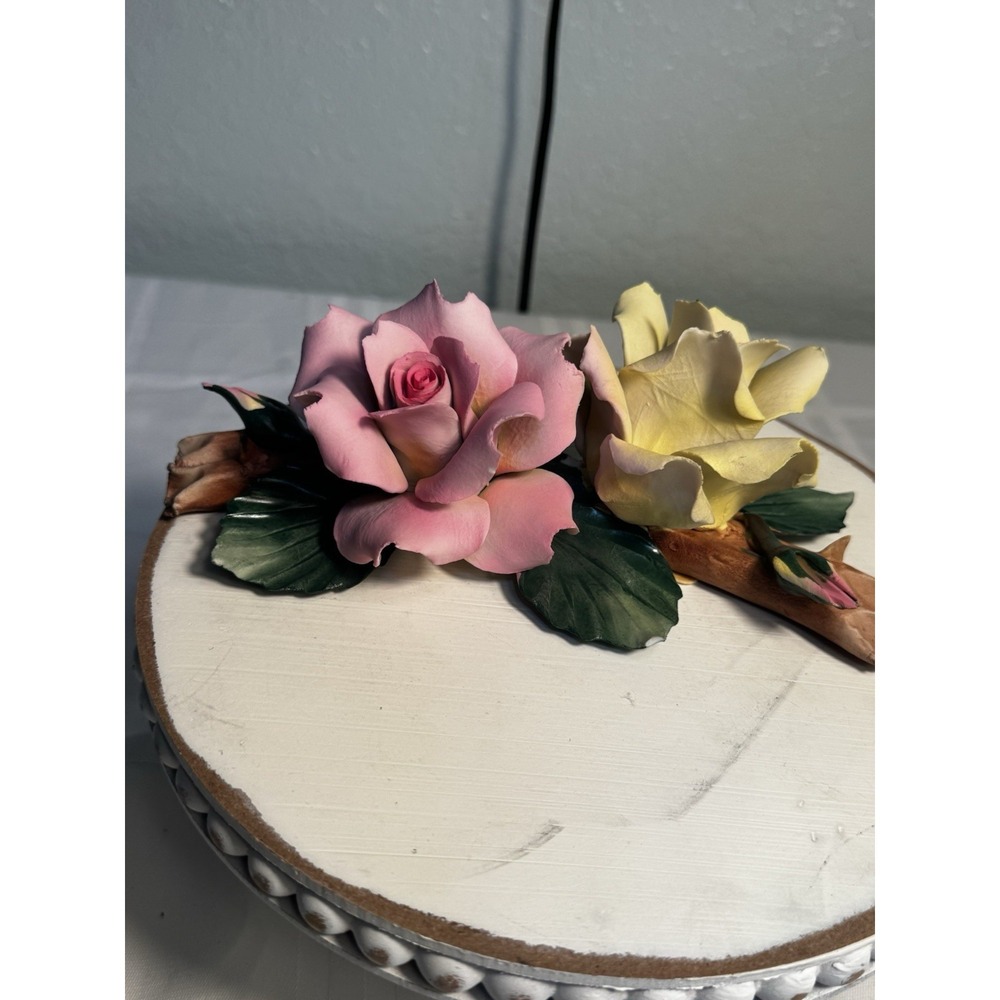CAPODIMONTE  CARLO SAVASTANO SIGNED 2 ROSES ON A BRANCH PINK & YELLOW